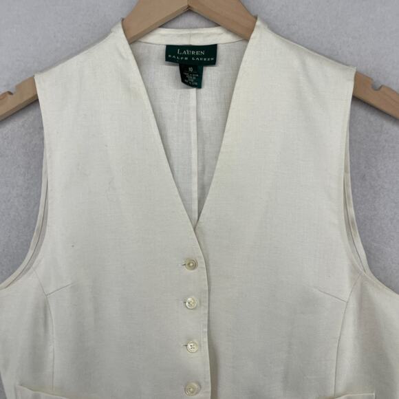 LAUREN RALPH LAUREN Vest Womens 10 Linen Waistcoat Button Front Woven Off White - Picture 3 of 14